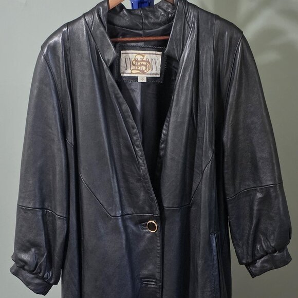 Synergy Long Black Leather Ladies Coat - Picture 3 of 12